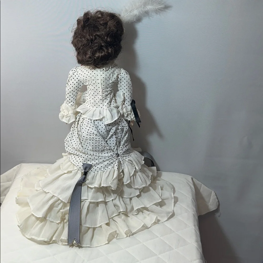 Elegant Victorian Vintage Doll With Hat Polkadot Ruffle Dress Under Garment Shoe - Picture 2 of 8